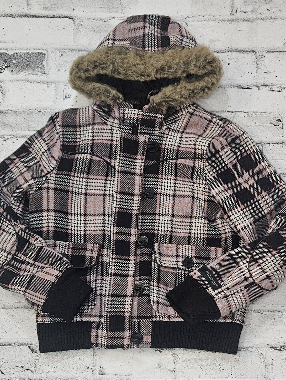 Majora Wool Blend Plaid Hooded Bomber Jacket Faux Fur Trim M